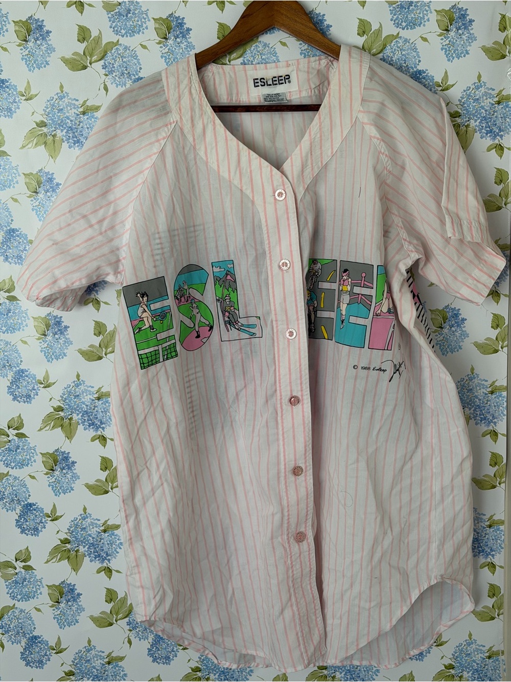 ESLEEP Pink Striped Graphic Baseball Jersey 1988 VINTAGE
